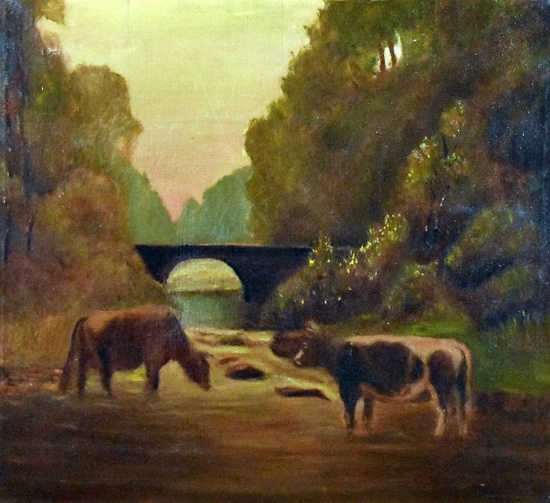 Unsigned (XIX-XX) Barbizon School, Cows in Creek, Oil on Canvas