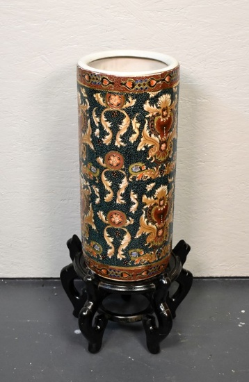 Ornate Chinese Umbrella Stand Vase on Wooden Stand
