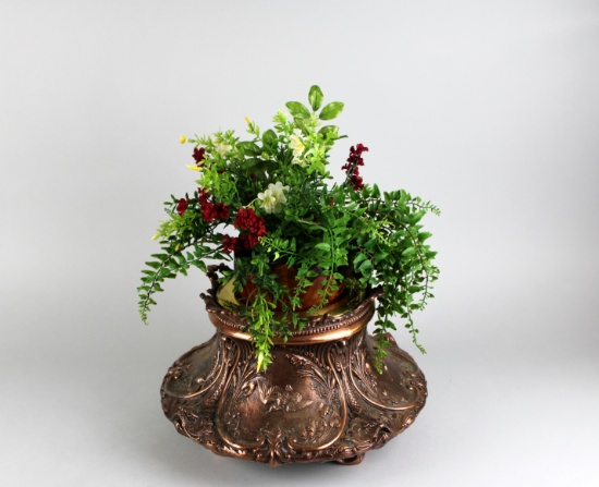 Faux Greenery in Round Bronze Finish Metal Planter