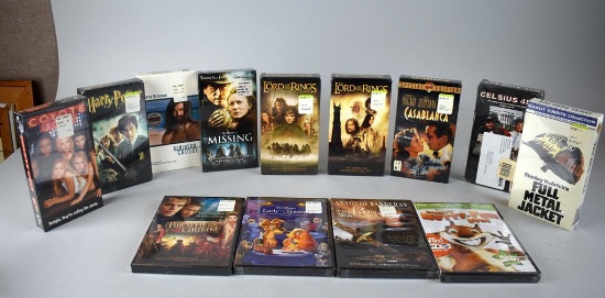 Lot of Vintage Video Media in Shrinkwrap: Nine VHS Tapes & Four DVDs