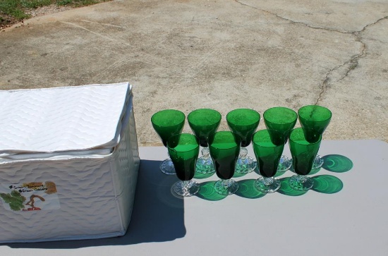 Nine Forest Green with Clear Swirl Foot Glass Stemware & Storage Box