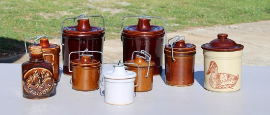 Lot of Vintage Food Crocks: Seven with Wire & Bails, Vermont Syrup Jug, & Other