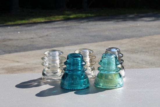 Five Glass Electrical Insulators: Hemingray & Whitall Tatum