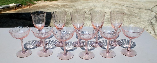 Eleven Pieces of Etched Pink Depression Glass Stemware