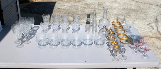 Large Lot of 44 Pieces Vintage Glassware: Stemware, Shakers, Decanter, & Plates