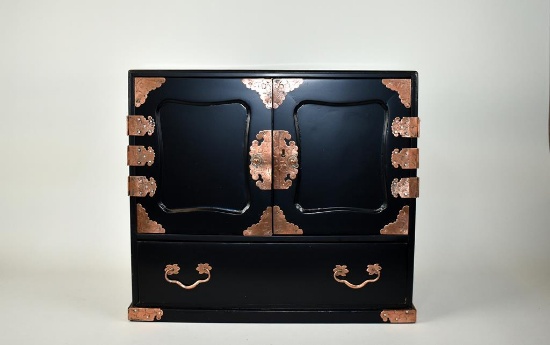 Black Lacquered and Brass Asian Style Cabinet with Seven Drawers