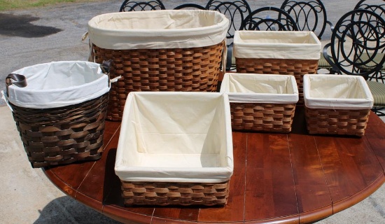 Lot of Six Split Wood Hamper Baskets with Fabric Liners