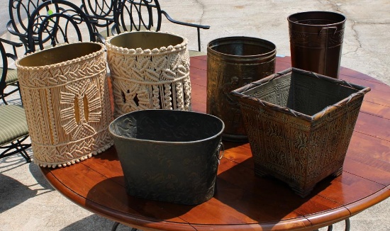 Lot of Six Vintage Metal & Fiber Trash Cans, Baskets, or Containers