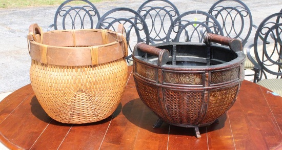 Two Oriental Woven & Wood Decorative Baskets