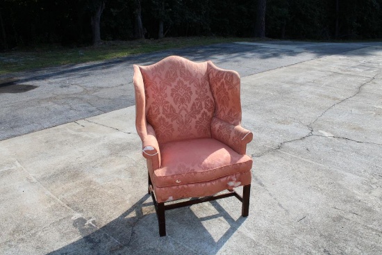 Vintage Chinese Chippendale Upholstered Wing Back Chair