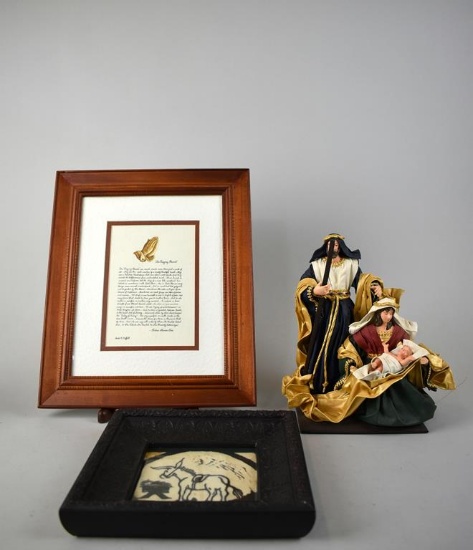 Lot of Three Christmas / Religious Items: Nativity Figures, Donkey at Manger, & H.S.Rice Sentiment