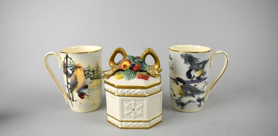 Two Lenox Winter Greetings Scenic Mugs & Fitz & Floyd “Winter Wonderland” Covered Dish