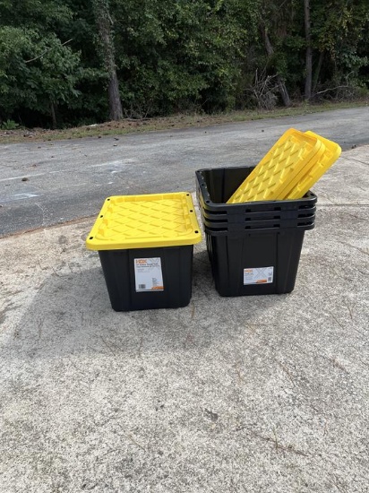 Four HDX 27 Gallon Tough Tote with Lids, Lot 632