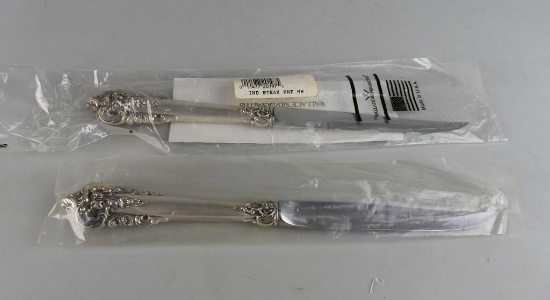 Pair of Unused Wallace Grande Baroque Sterling Silver Handle Steak Knives