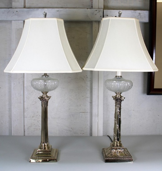 Pair of Antique Glass and Silver Plate Lamps, One with Presentation Message, Canterbury Shades