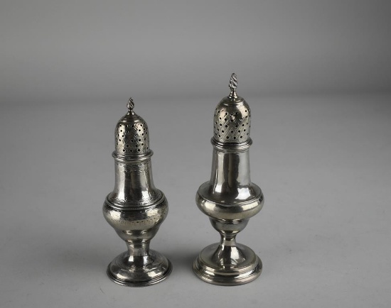 Two Antique London Sterling Silver Pepper Shakers: T Daniel, John Wall 1782 & Charles Hougham 1786