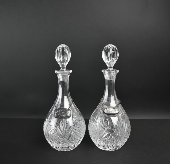 Two Fine Crystal Spirits Decanters with Silver Plate Labels