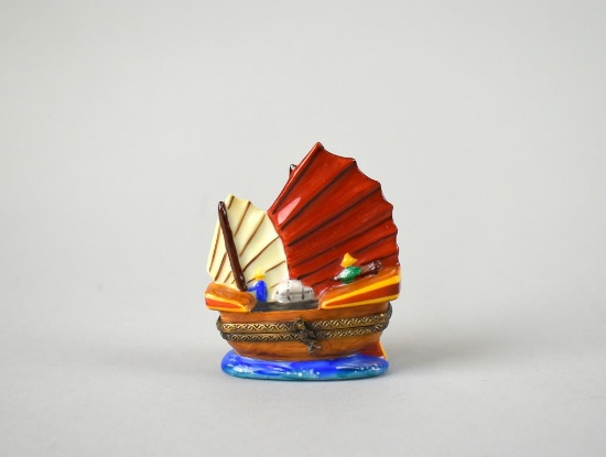 Limoges Ltd. Ed. (5/500) Chinese Junk Boat Trinket Box, Initialed