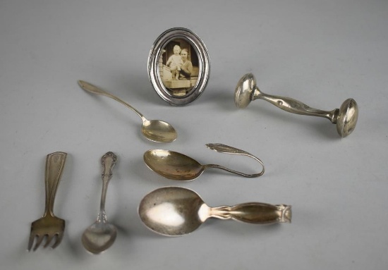 Lot of Vintage Sterling Silver Flatware, Oval Frame and Baby Rattle