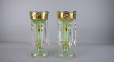Antique Pair of Bohemia Green Glass Lusters, Hand Painted