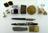 Lot of Mens' Interest Items: Knives, Money Clip, Pens, Lighters (1 Silver), Cufflinks & More