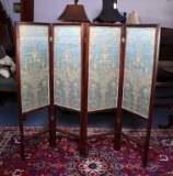 Silk Damask Four Panel Wooden Frame Screen, Smaller Scale
