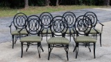 Set of Seven Black Metal Frame Dining Chairs with Green Upholstered Seats
