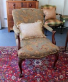 Fine Ball And Claw Foot Carve Wood Armchair with Green & Rust Upholstery and Nailhead Trim
