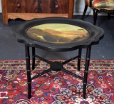 C. 1850 Hand Painted and Black Lacquer Papier Mache Tray with Custom Made Black Lacquer Stand