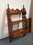 Carved Mahogany Wall Curio Shelf with Two Drawers