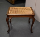 Antique Carved Walnut Stool with Caned Seat, Cabriole Legs and Scroll Feet