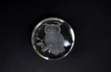 Round Clear Glass Owl Reverse Etched Intaglio Paperweight