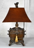 Antiqued Brass Finish Table Lamp with Rust Color Shade