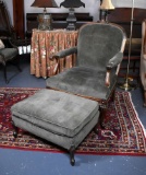 Carved Walnut Armchair and Ottoman with Dark Green Velour Upholstery