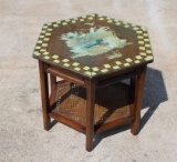 Hekman Hexagonal Walnut Table with Duck Decoupage Scene and Caned Undershelf