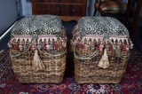 Pair of Wicker Stools with Animal Print Upholstered Cushion Tops and Tassels