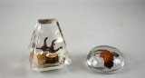 Two Decorative Paperweights with Bird Themes: Lucite Obelisk & Round Glass