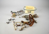 Lot of Duck Hunting Memorabilia: Basket, Whistles on Lanyards, Leg Bands, & Figurines