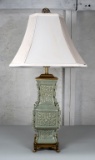 Celadon Ceramic Chinoiserie Table Lamp with Silk Shade