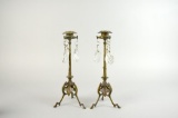 Pair of Elegant Brass Candlesticks with Prisms, Hoof Feet