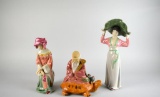 Lot of Three Oriental Figurines: Old Man on Turtle, Woman with Hat, & Seated Woman Looking Down