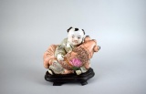 Macau Hand Painted Boy Holding Koi Fish on Wooden Stand