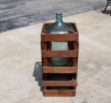 Antique Geo. W. Banker's Green Glass Demijohn and Wooden Tilting Pouring Case