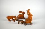 Lot of Four Folk Art Carved Wooden Figures: Rabbit, Bird, Donkey, & Amish Cart with Horse