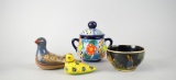 Lot of Four Made in Mexico Pottery: Two Bird Figurines, Bowl, & Covered Pot