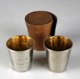 Pair of Silver Plate Shot Glasses and Leather Pocket Wrapper