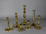 Lot of Seven Brass Candlesticks of Various Sizes from Multiple Makers