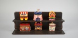 Lot of Six Circus / Carnival Themed Trinket Boxes with Trinkets & Wooden Display Shelf