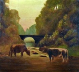 Unsigned (XIX-XX) Barbizon School, Cows in Creek, Oil on Canvas