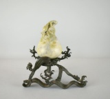 Antique Chinese Carved Soapstone Pear Box with Ornate Metal Stand